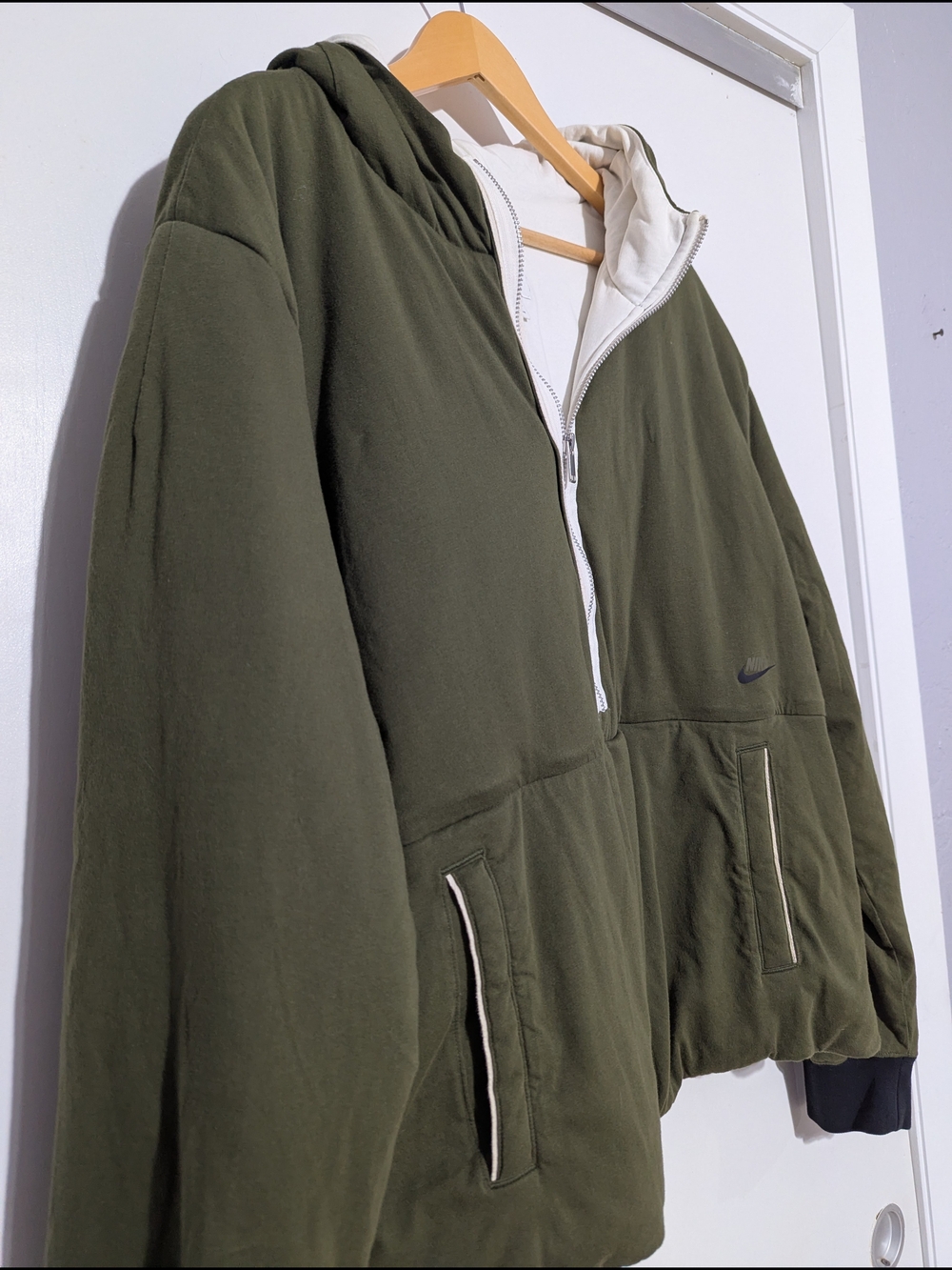 Nike Olive Green Hooded Half-Zip Puffer Jacket with Contrast Trim - Picture 2 of 7